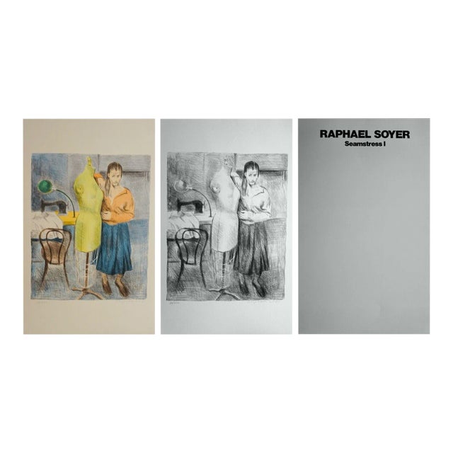 Late 20th Century "Seamstress I" Two Figurative Lithographs and Portfolio Cover by Raphael Soyer - Set of 3 For Sale