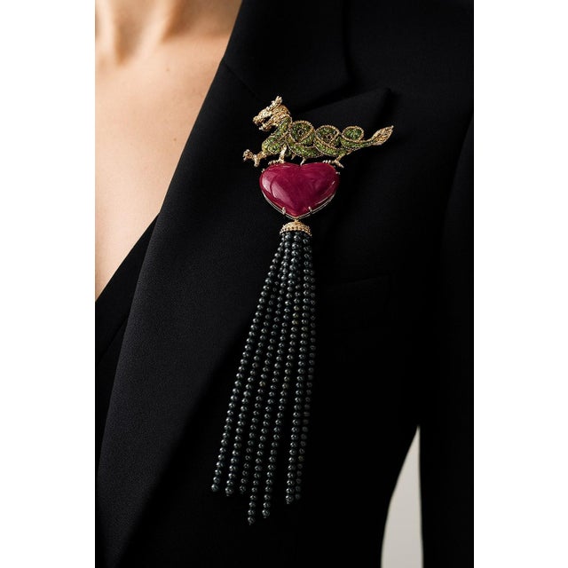 Bochic "Orient" Vintage Ruby & Black Pearl Brooch Set 18K Gold & Silver Circa 80 For Sale - Image 14 of 18