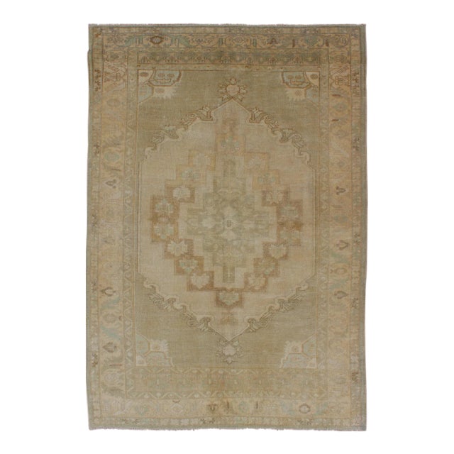 Vintage Turkish Oushak Rug With Layered Medallion in Creams and Grays For Sale