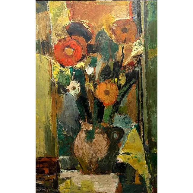 Simon Sarkantyu Hungarian 1921-1989 floral still life with bold expressive brushwork in green, red, and ochre tones,...