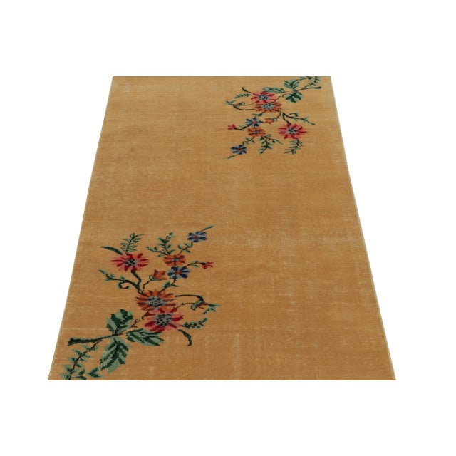 Art Deco 1960s Vintage Distressed Art Deco Rug in Golden-Brown With Colorful Floral For Sale - Image 3 of 8