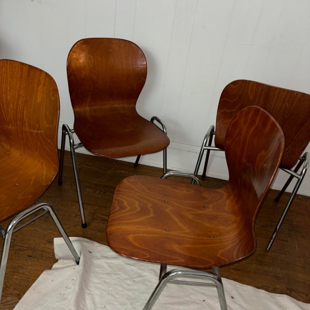Mid-Century Modern Vintage Bentwood Stacking Chairs – Danish Modern Style, Chrome Frame (Set of 4) For Sale - Image 3 of 11