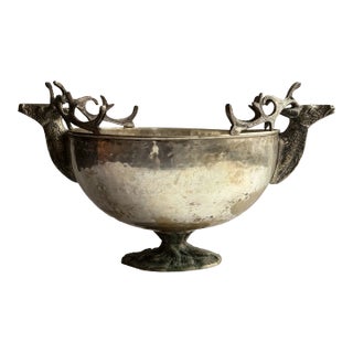 Late 20th Century Hammered Silver Plate Double Stag Centerpiece Bowl For Sale