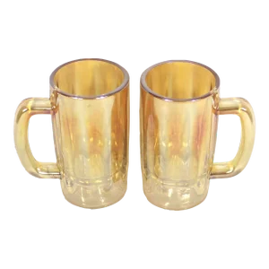 Pair of 1940s Golden Oxen Marigold Carnival Peach Depression Glass Lusterware Iridescent Mugs