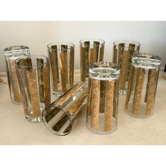 Metal Vintage 1970s Green & Gold Glass Tumblers- A Set of 8 For Sale - Image 7 of 10