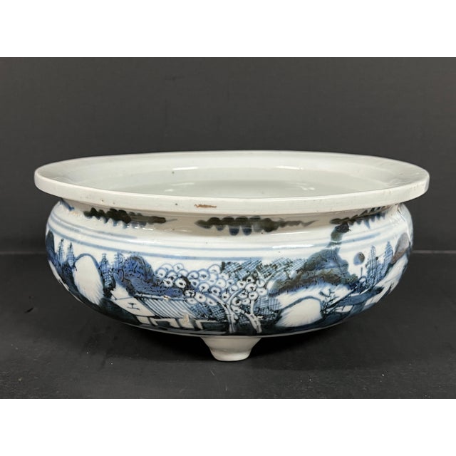 Late 20th Century Chinese Art Porcelain Blue and White Incense Burner With Mountain Scenery Design For Sale - Image 9 of 14