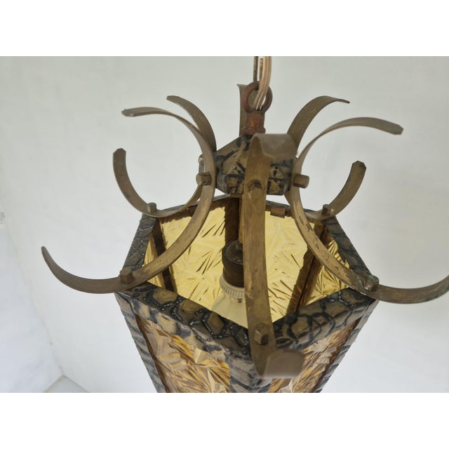 Brutalist Hammered Metal Hall Lantern with Geometrical Patterned Glass For Sale - Image 5 of 13
