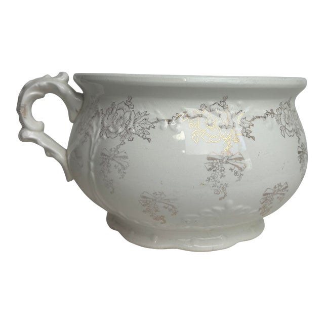 Chamber Pot, Embossed White With Gold Flowers and Bows, Homer Laughlin For Sale