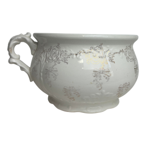 Chamber Pot, Embossed White With Gold Flowers and Bows, Homer Laughlin