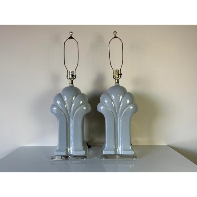 1980's Hollywood Regency Sculptural Gray Ceramic & Lucite Base Table Lamps - a Pair For Sale - Image 13 of 13