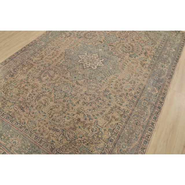 Farmhouse Tabriz Rug 6’8” X 9’11” Pink Wool Vintage Distressed Hand-Knotted Carpet For Sale - Image 3 of 15
