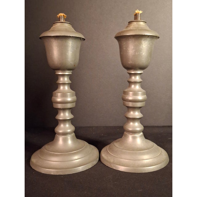 American Pair Antique 1840s Freeman Porter Pewter Whale Oil Lamps Westbrook Maine No. 1 For Sale - Image 3 of 17