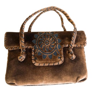 1970s Hippies Style Chocolate Brown Velvet Italian Top Handle Bag For Sale