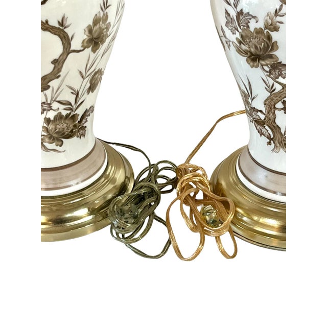 Pair Vintage Brown and White Ceramic Transferware Hollywood Regency Style Lamps For Sale - Image 12 of 12