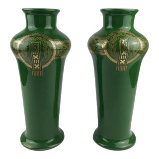 Sarreguemines Green and Gold Art Deco Porcelain Vases, France, 1940s For Sale