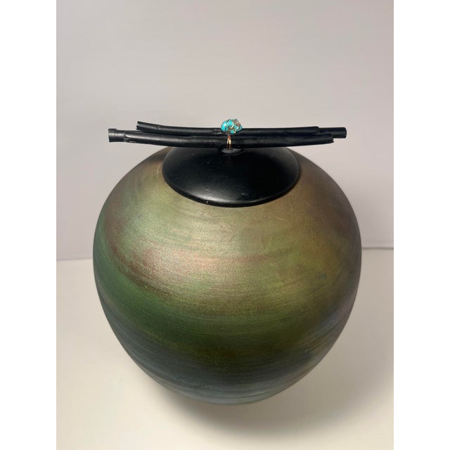 Jeremy Diller Raku Pottery Dream Jar w/ Turquoise Lid California Artist 11” Beautiful large Raku pottery Dream Jar by...