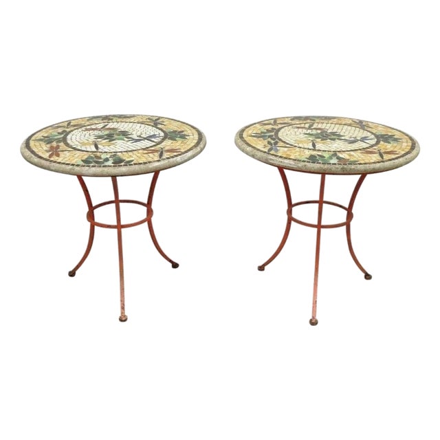 Late 20th Century Italian Dragonfly Mosaic Tile Round Stone Top Iron Patio Side Tables - Pair For Sale