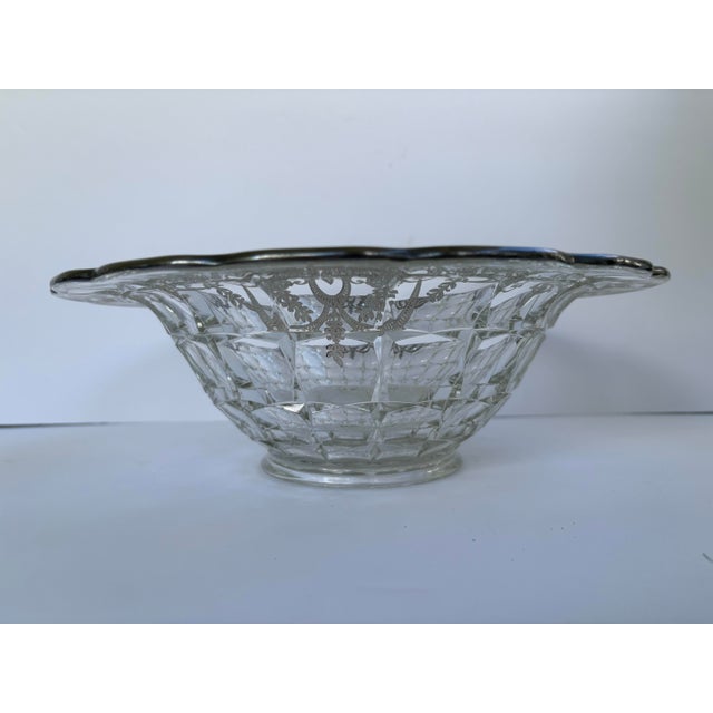 Mid-Century Silver Overlay Pressed Glass Centerpiece Bowl With Scalloped Rim For Sale - Image 4 of 11