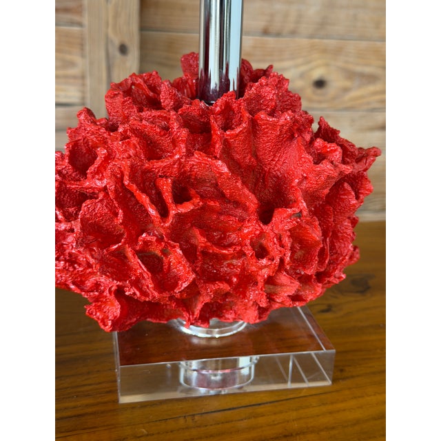 Pair of Red Faux Coral Table Lamps on Clear Acrylic Bases For Sale - Image 11 of 12