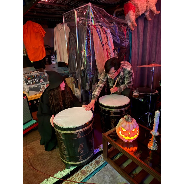 Pair of Antique Asian Chinoiserie Leather and Carved Wood Drum Side Tables For Sale - Image 4 of 6