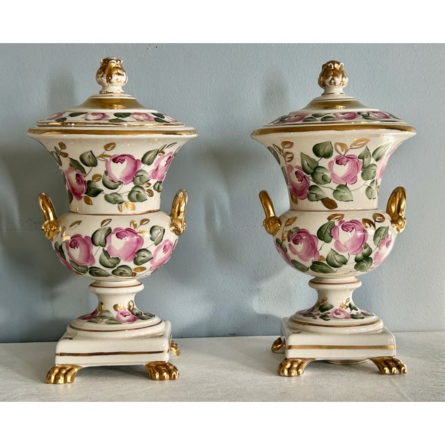 Vtg. Pair of Italian Charleston Line Porcelain Lidded Lamp W/Roses For Sale - Image 4 of 13
