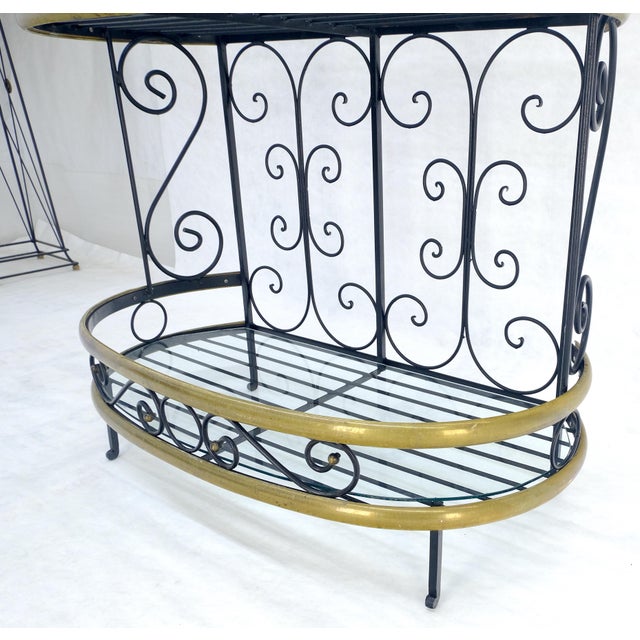 Arts & Crafts Wrought Iron & Brass 38” Wide Rounded Shelved Bakers Rack MINT For Sale - Image 3 of 14