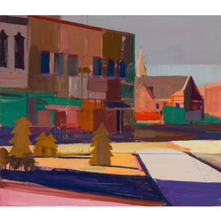 Christmas Decoration by Hiroshi Sato | Oil on Canvas Abstract scene with buildings and trees. For Sale