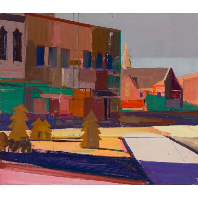 Christmas Decoration by Hiroshi Sato | Oil on Canvas Abstract scene with buildings and trees. For Sale