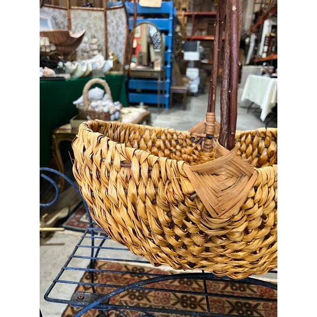 Vintage Hand Woven Wicker Basket With Brown Handle For Sale - Image 9 of 10