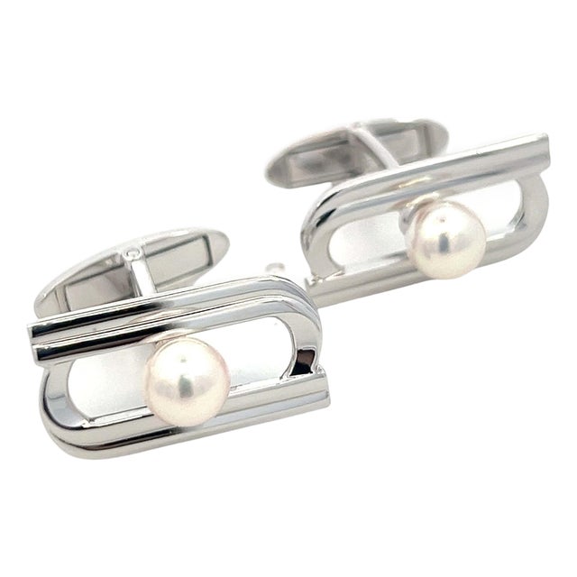 1990s Pair of Mikimoto Estate Akoya Pearl Cufflinks Silver 6.15 mm For Sale