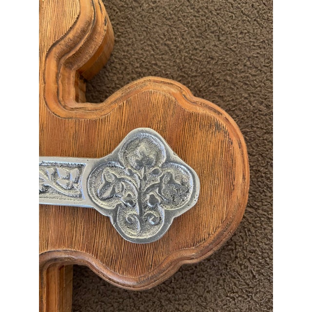 Wood Wall Cross With Ornate Silver Inlay For Sale - Image 4 of 6
