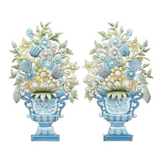 Pair of Painted Tole Wall-Mounted Urns With Flowers For Sale