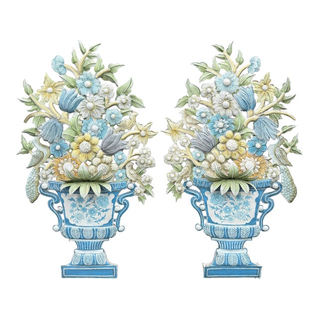 Pair of Painted Tole Wall-Mounted Urns With Flowers For Sale