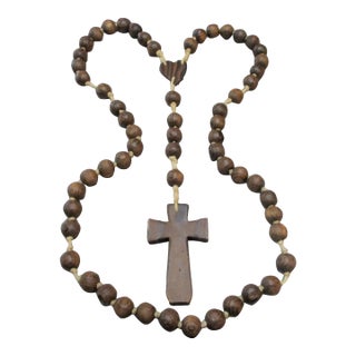 Giant Wood Rosary Large Wooden Beads Hand Carved Catholic Wall Hang Hand Knotted 58" For Sale