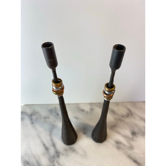 Pair Rustic Forged Iron Candlestick Holders With Mixed Metal Rings Luis Marquez Sekoya Originals For Sale - Image 4 of 6