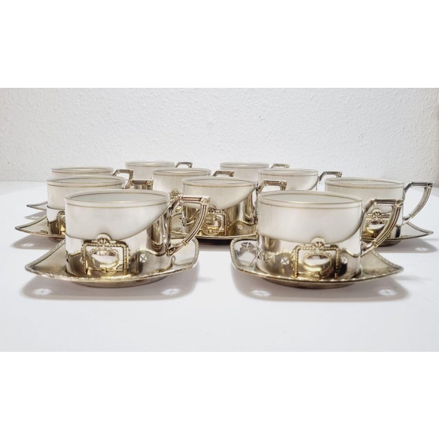 Silver Art Deco Silver-Plated Argentor Tea Set with Karlsbad Porcelain Liners, 1930s, Set of 20 For Sale - Image 8 of 18
