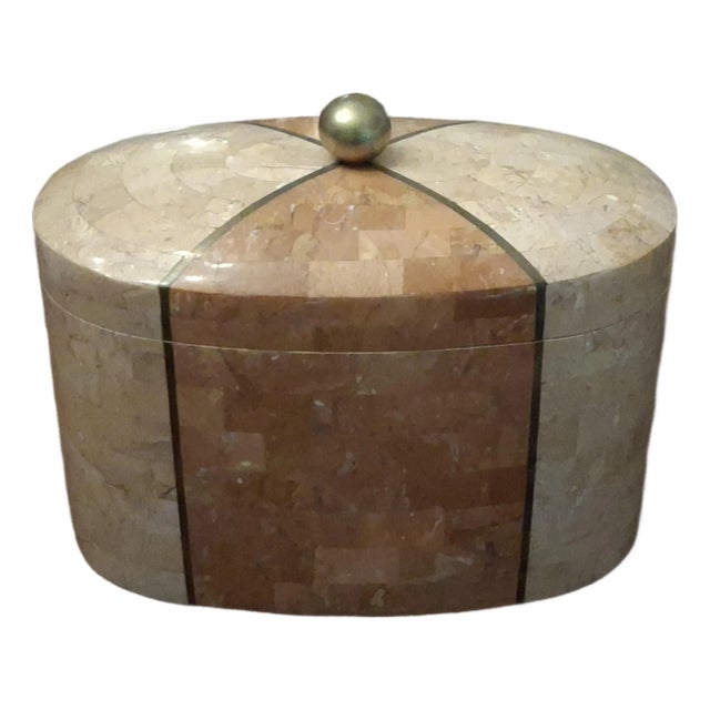 Late 20th Century Maitland Smith Tesselated Marble, Brass Inlay and Acacia Wood Lined Decorative Box For Sale