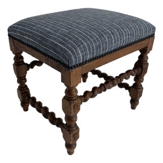 1920s French Jacobean Revival Walnut Stool W/ Barley Twist Legs For Sale