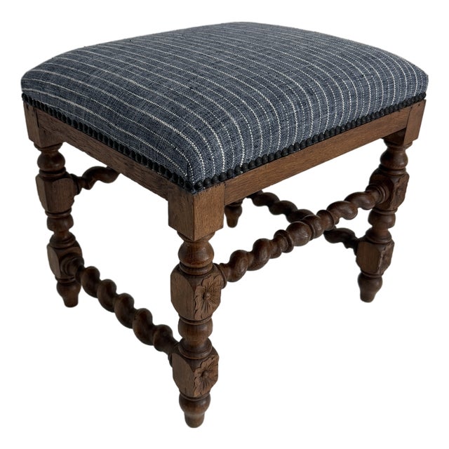 1920s French Jacobean Revival Walnut Stool W/ Barley Twist Legs For Sale