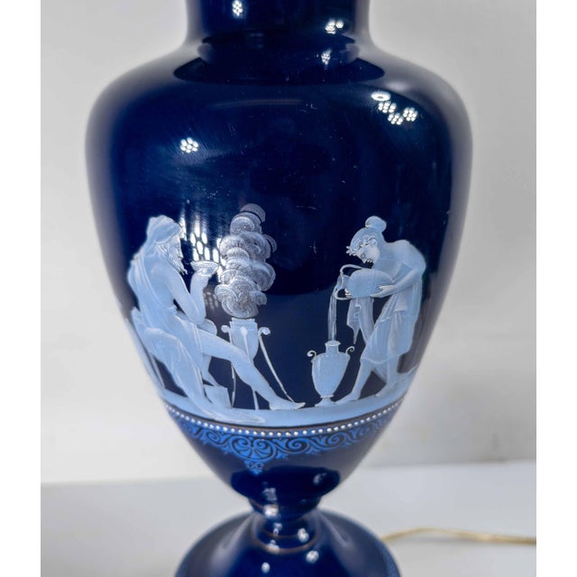 French 19th Century French or Bohemian Cobalt Blue Opaline Glass Lamp Vase With Neo-Classical Scene For Sale - Image 3 of 12