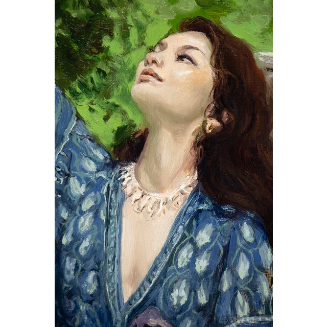Realism Wisteria by Nadezda | Oil on Panel Woman reaching for blooming wisteria flowers. For Sale - Image 3 of 5