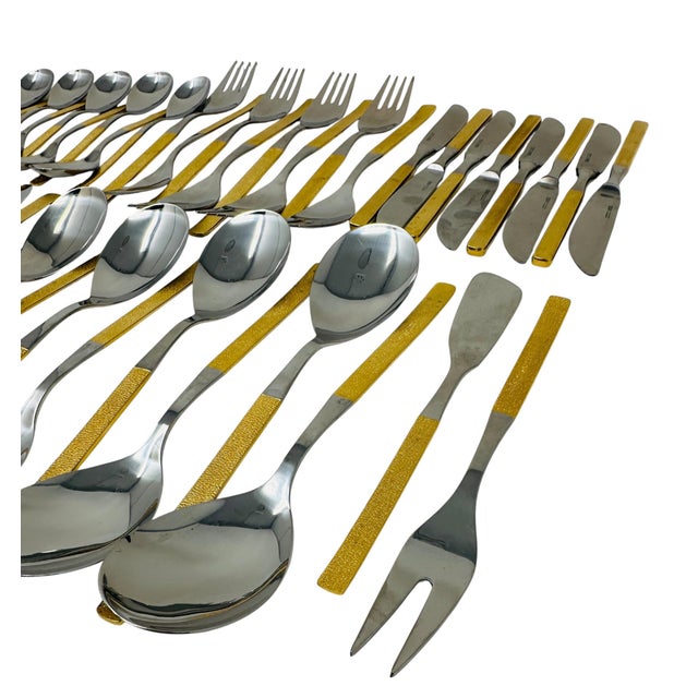 1970s MCM Harvest Gold Flatware, 65pc Solair West Germany Service for 8, Textured Gold Retro Silverware, Forged Stainless Steel, Rare Hosting Set For Sale - Image 5 of 12