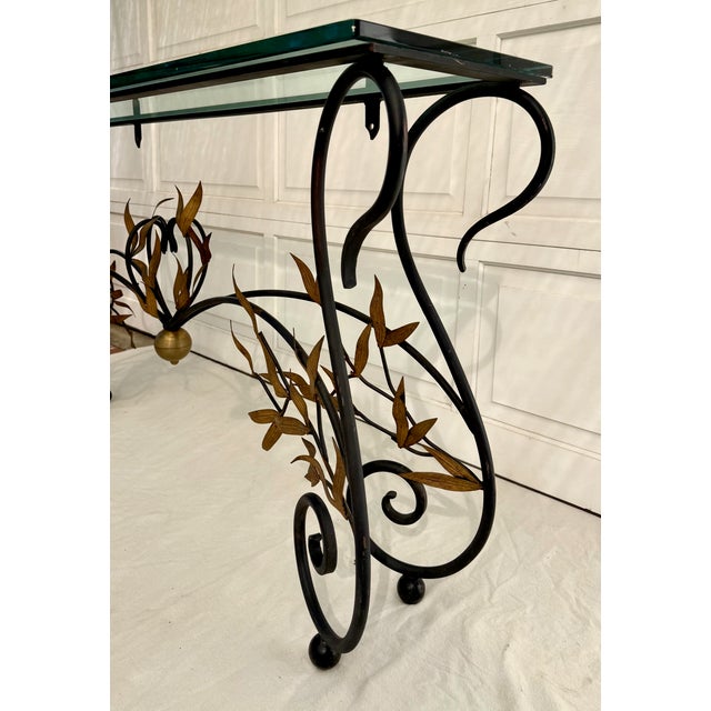 1960s Italian Style Wrought Iron & Gilt Leaf Glass Console Table For Sale - Image 13 of 15