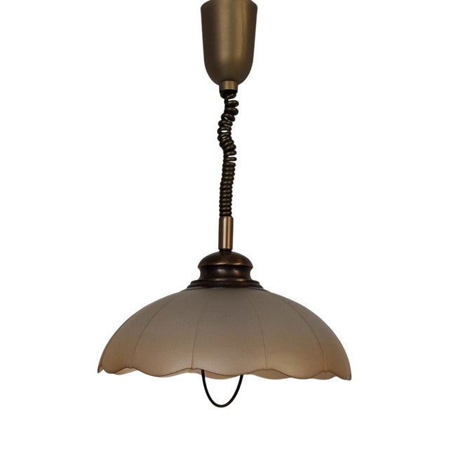 Height-Adjustable Brass Ceiling Lamp with Tinted Segmented Glass Shade, 1980s For Sale