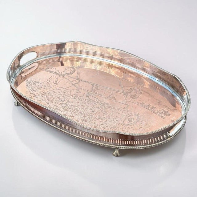 Large Silver Plate Gallery Drinks Tray with Equestrian Copper Engraving For Sale - Image 9 of 9