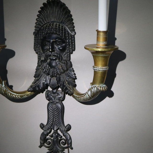 Metal Antique Ebonized Bronze & Brass Figural Indian Chief Wall Sconces C1920 - a Pair For Sale - Image 7 of 7