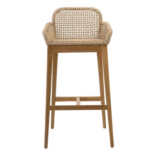 Faux Wicker & Teak Outdoor Bar Stool For Sale