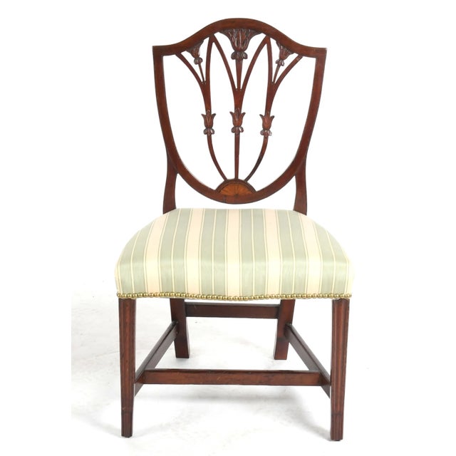 A pretty pair of Federal Inlaid Mahogany Shield Back Side Chairs, 19th century. Provenance: A Delaware Collection. 35.25"...