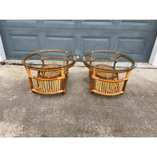 Wood Pair of Bamboo + Rattan Side Tables | Style of Franco Albini For Sale - Image 7 of 13