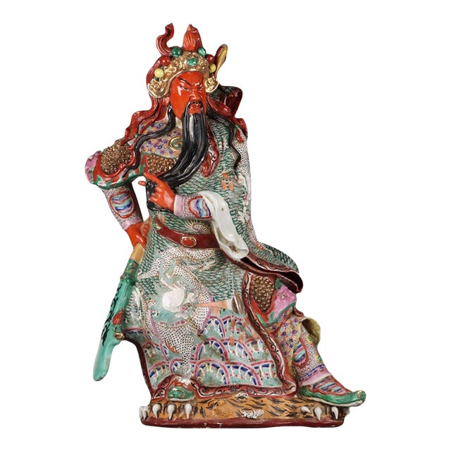 Monumental Chinese Famille Rose Porcelain Figure of Guan Gong - 32" Tall For Sale